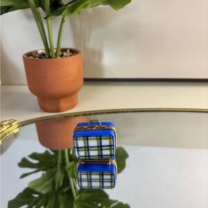 Limoges Blue Plaid Miniature Suitcase Trinket Box